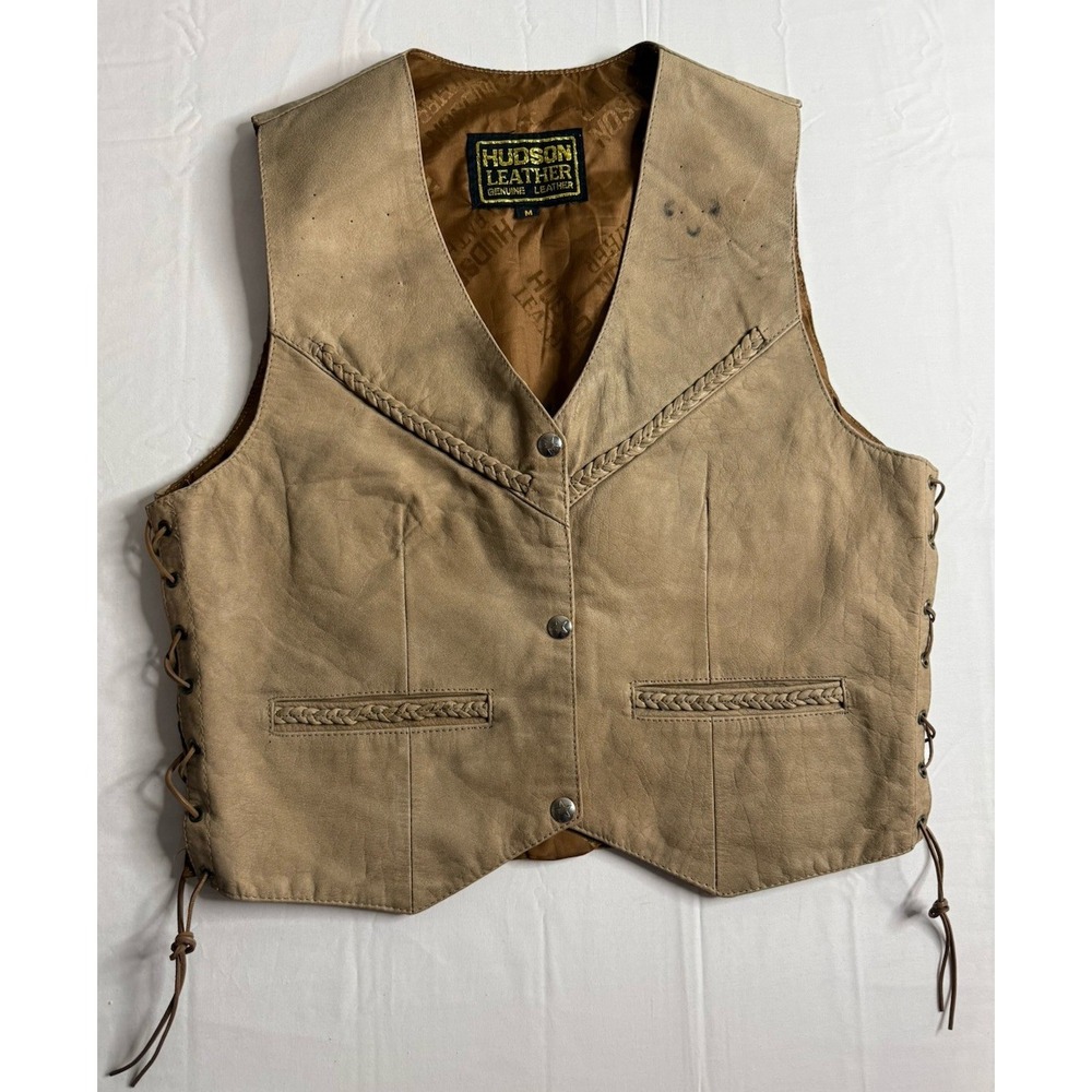 Vintage Hudson Leather Vest Men's Sz M Tan Genuine Leather Biker Side Lace Snap